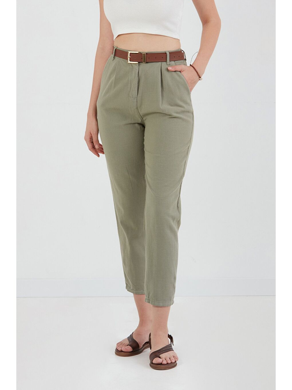 Haki Fermuarlı Cepli Keten Pantolon-1