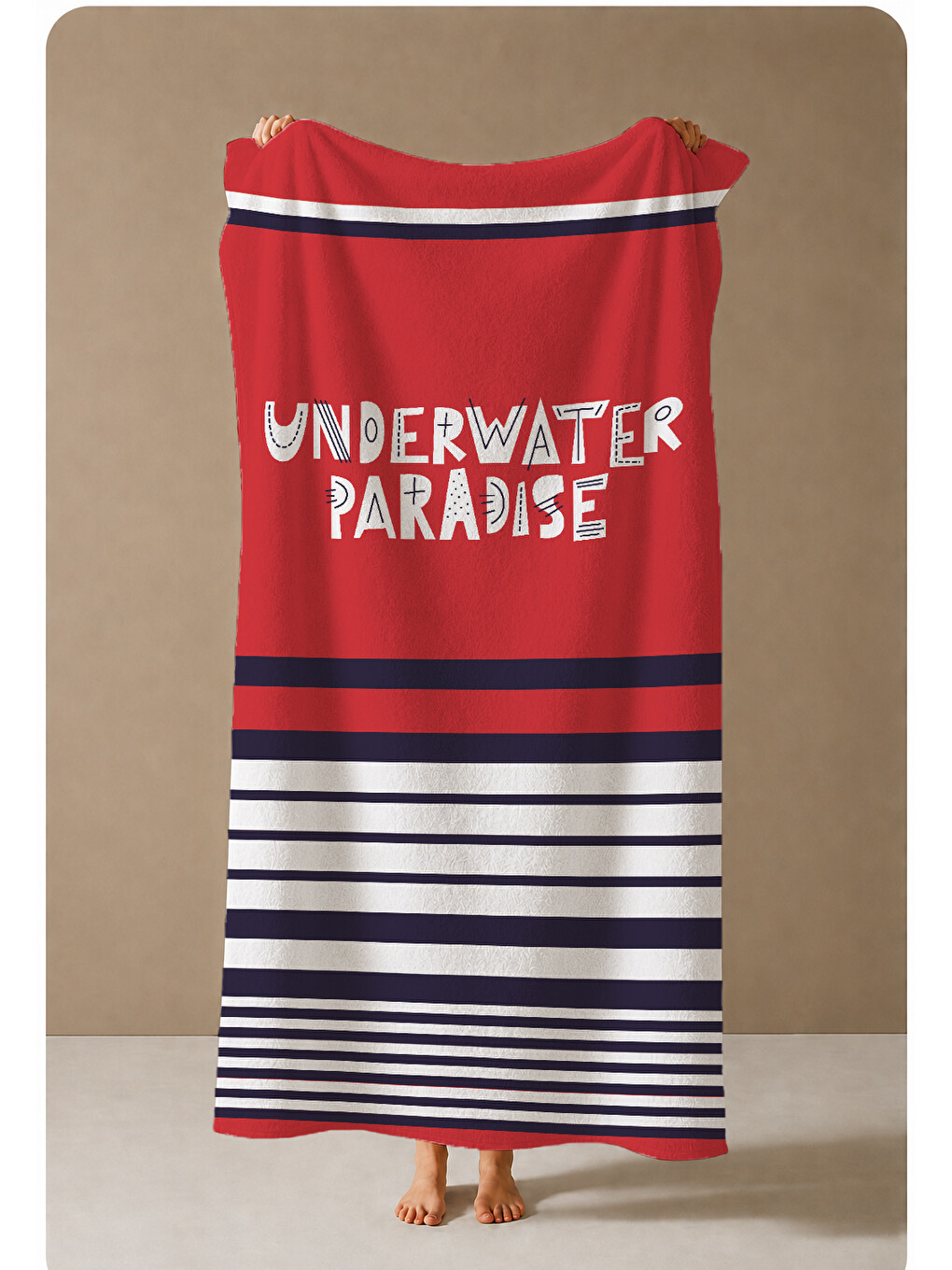 Kırmızı Lacivert Çizgili Underwater Paradise Yazılı 70x150 Cm Dijital Baskılı Plaj Ve Banyo Havlusu-3