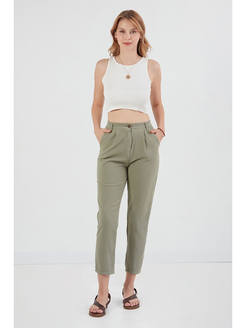 Haki Fermuarlı Cepli Keten Pantolon-2