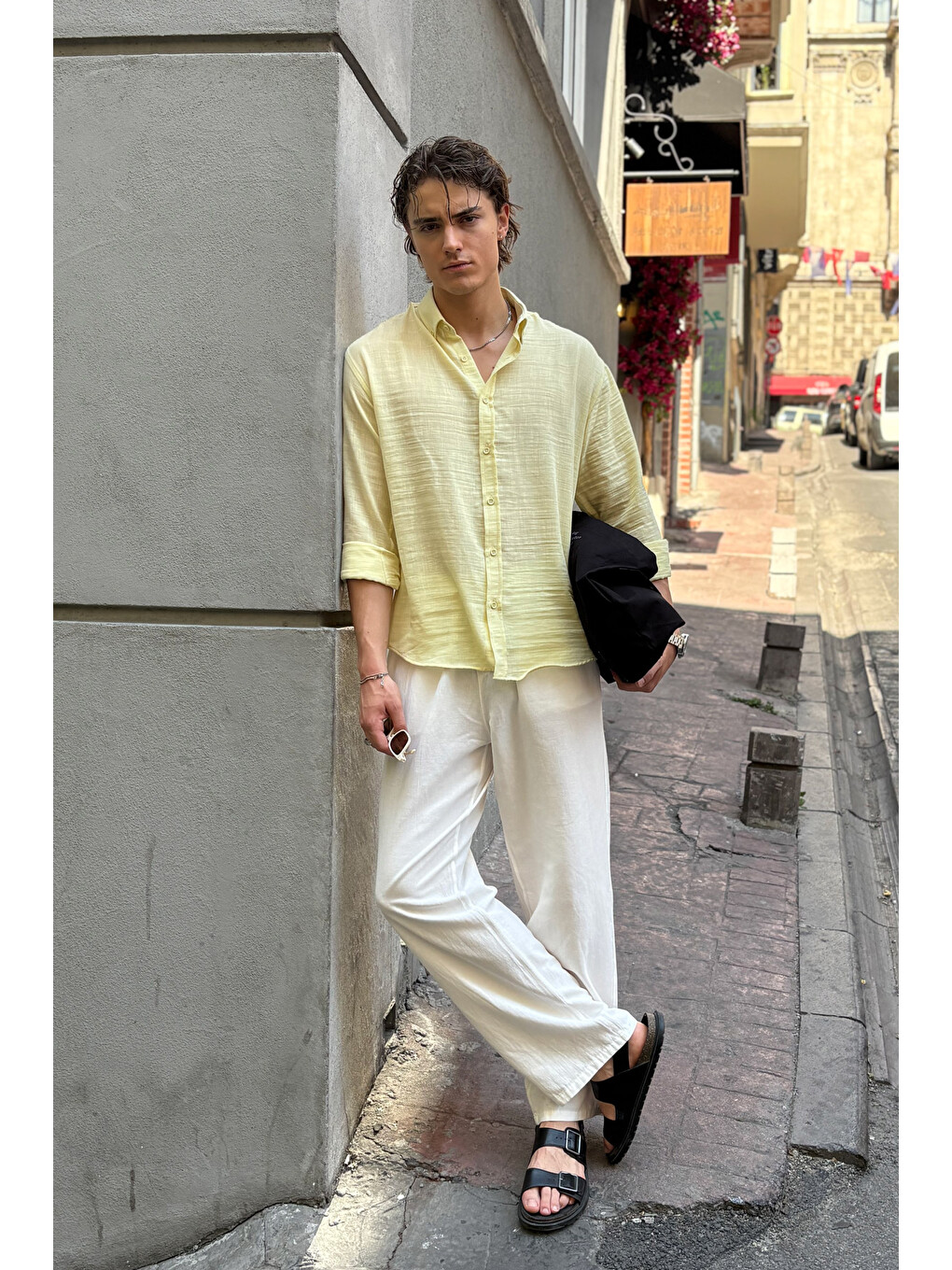 Sarı Erkek Oversize Kesim Keten Görünümlü Gömlek-3
