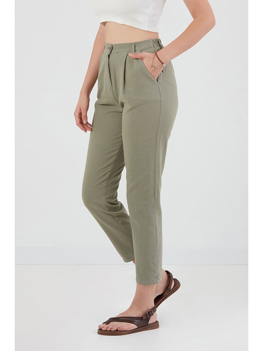 Haki Fermuarlı Cepli Keten Pantolon-3