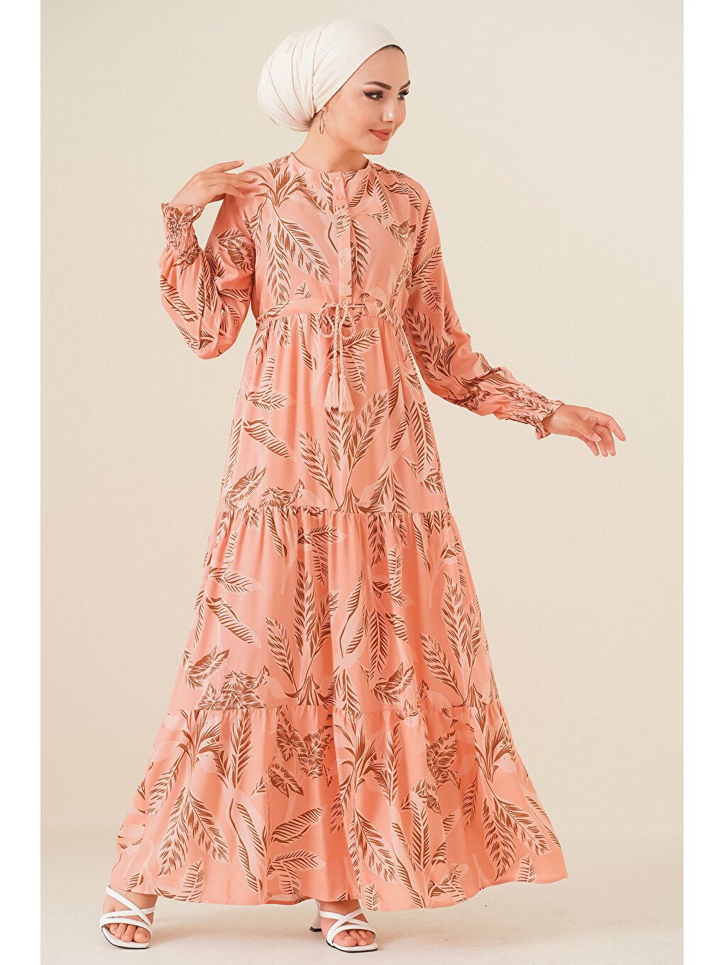 Pembe 2145 Desenli Tesettür Elbise - Pudra