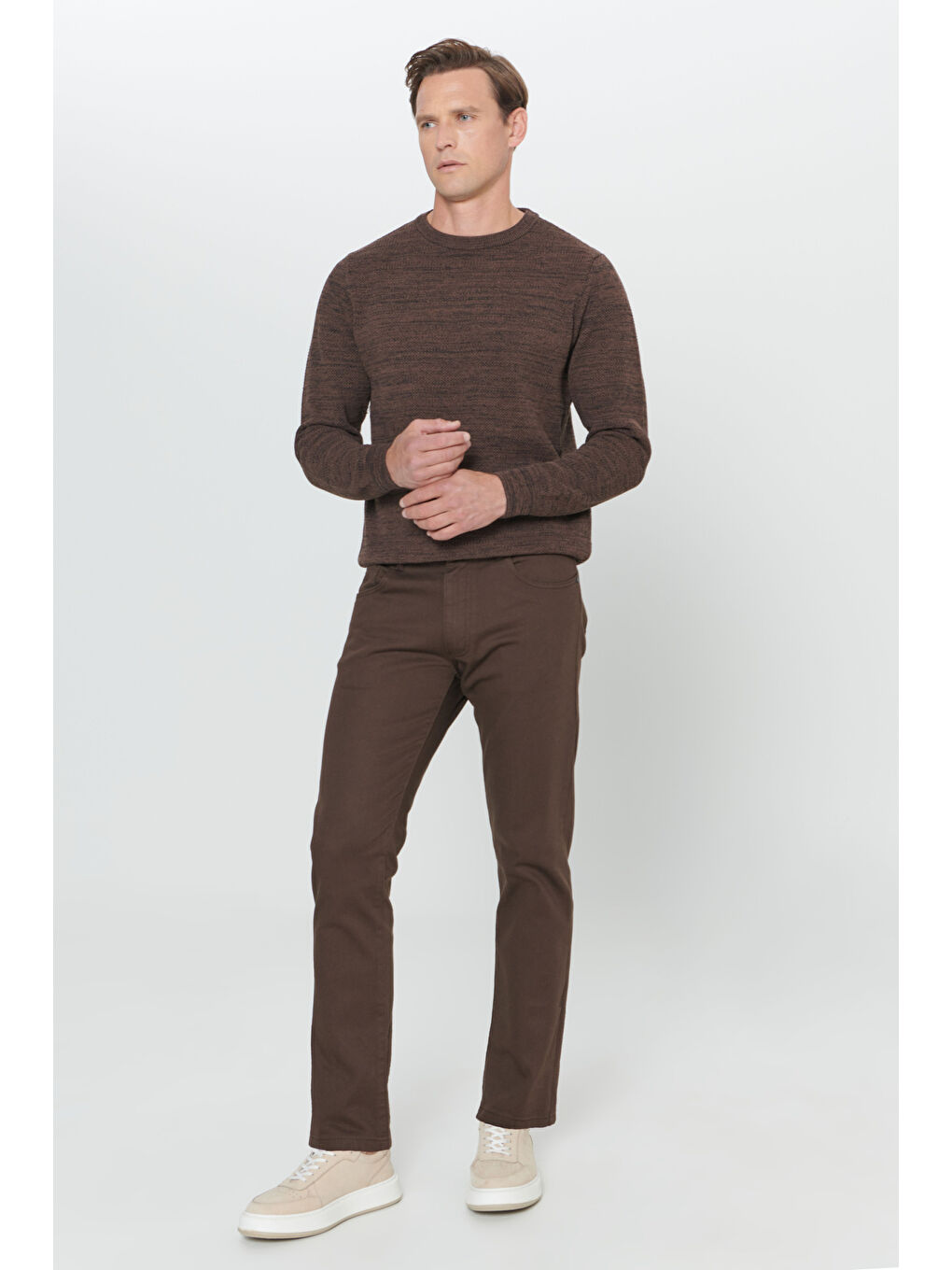 Erkek Kahverengi Comfort Fit Rahat Kesim 5 Cep Armürlü Pamuklu Pantolon-2
