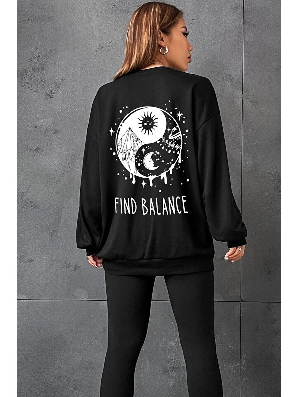 Siyah Unisex Yin & Yang Bisiklet Yaka Sweatshirt-1
