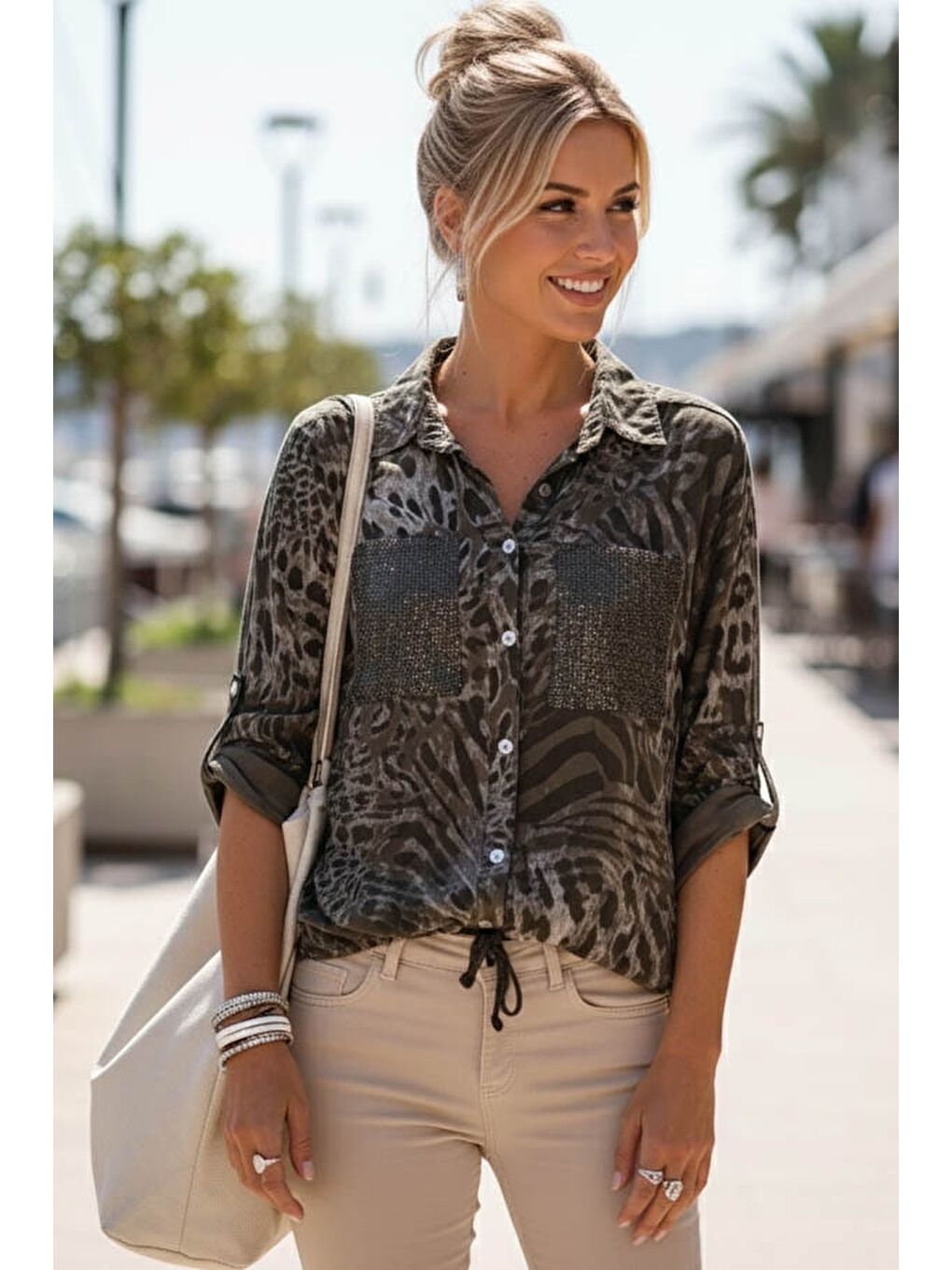 İtalyan Kahverengi Gömlek Yaka Düğmeli 3/4 Kol Desenli Düğmeli Pullu Cepli Dokuma Gömlek 70 60-1