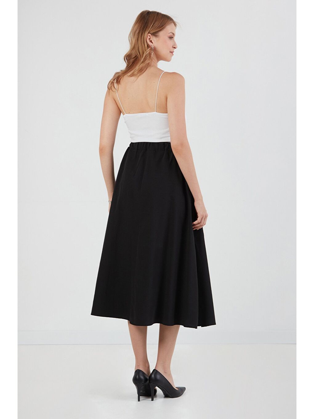 Siyah Beli Lastikli Düğmeli Fermuarlı Terikoton Etek-2