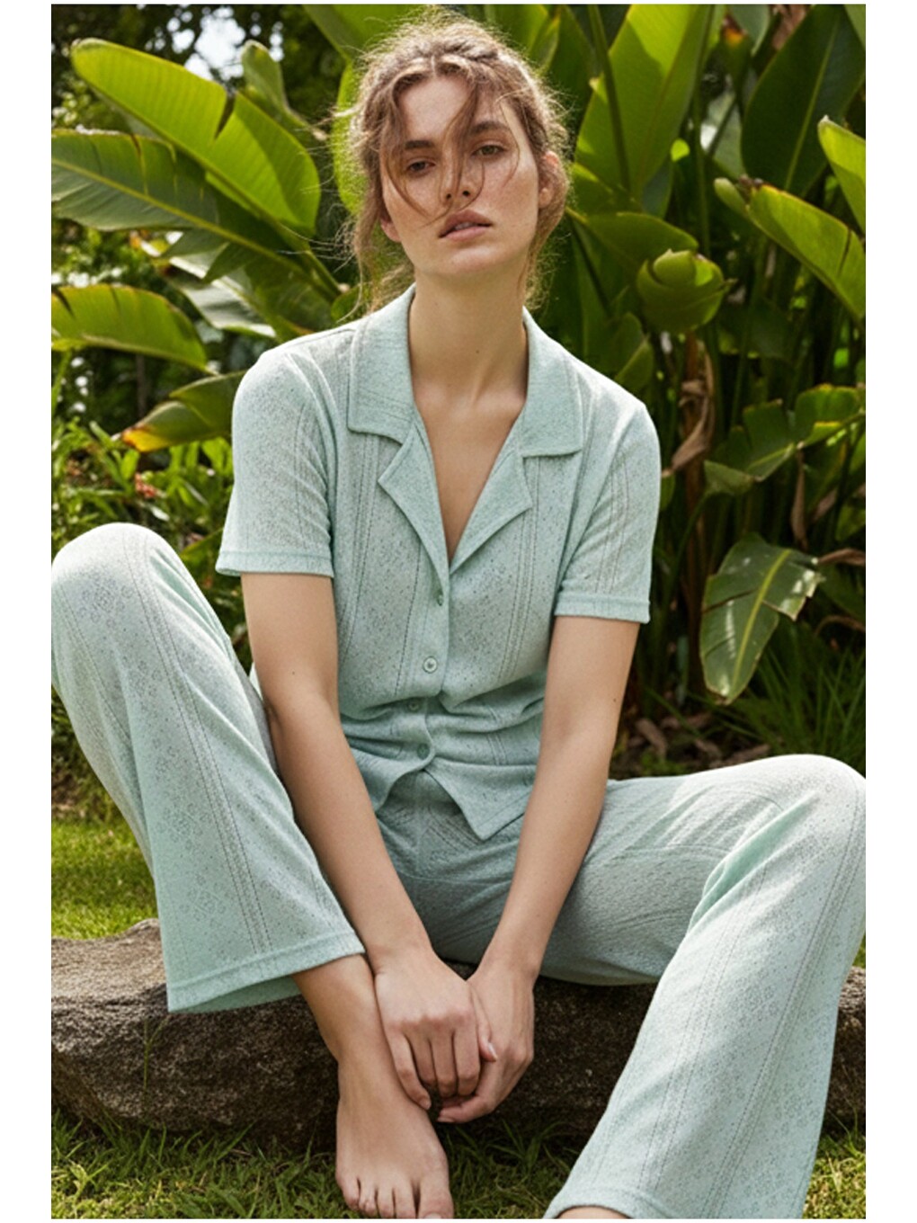 Yeşil Pointel Ajurlu/delikli Kısa Kollu Düğmeli Örme Pijama Takım26120536