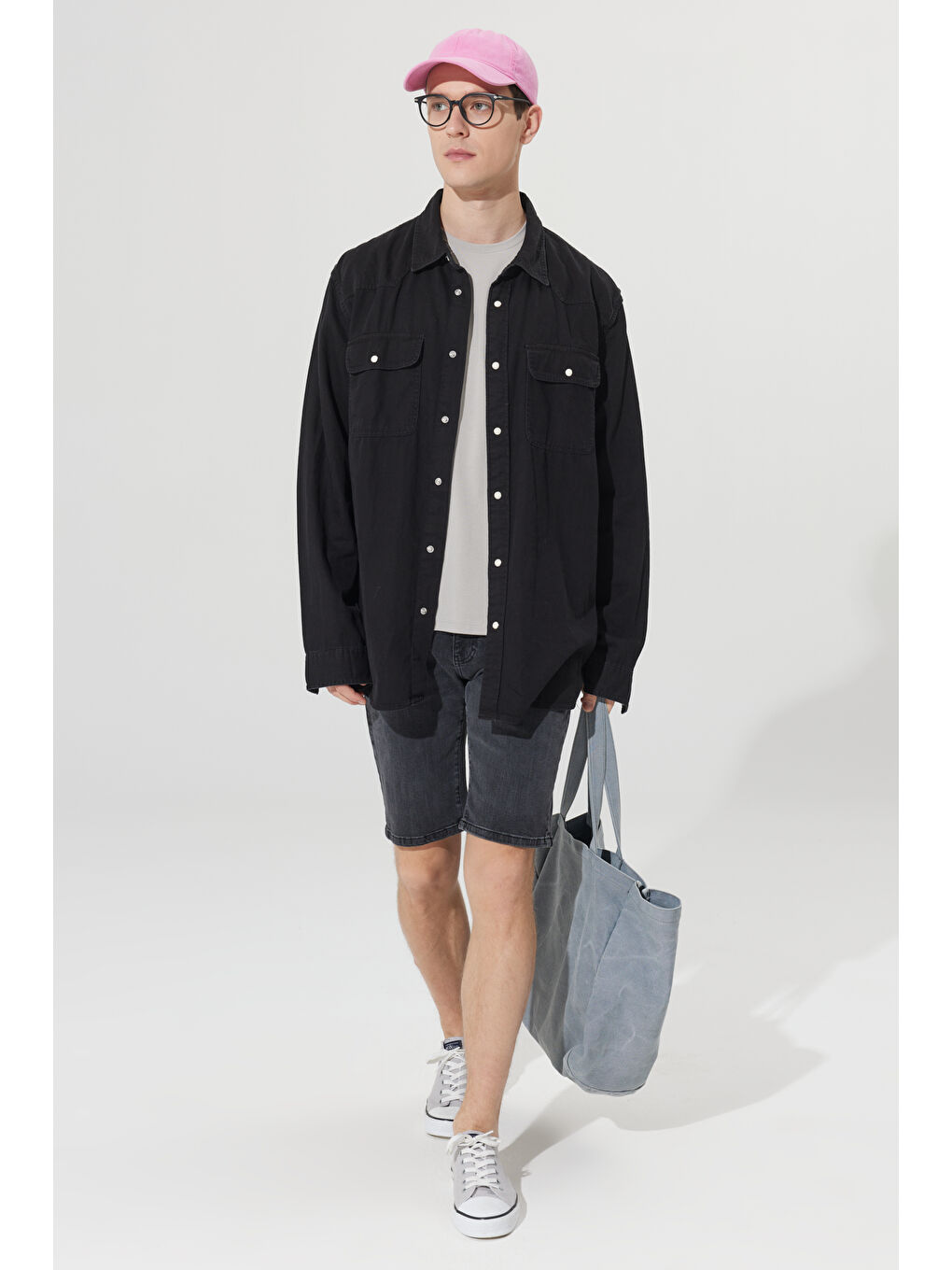 Erkek Gri Slim Fit Dar Kesim Pamuklu Esnek Denim Şort-1