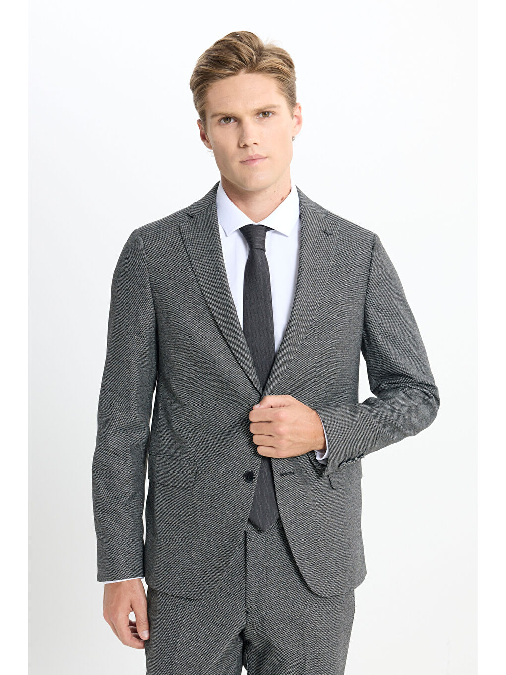 Erkek Siyah-Gri Slim Fit Dar Kesim Mono Yaka Kuş Gözü Desenli Çift Pantolonlu Takım Elbise-1