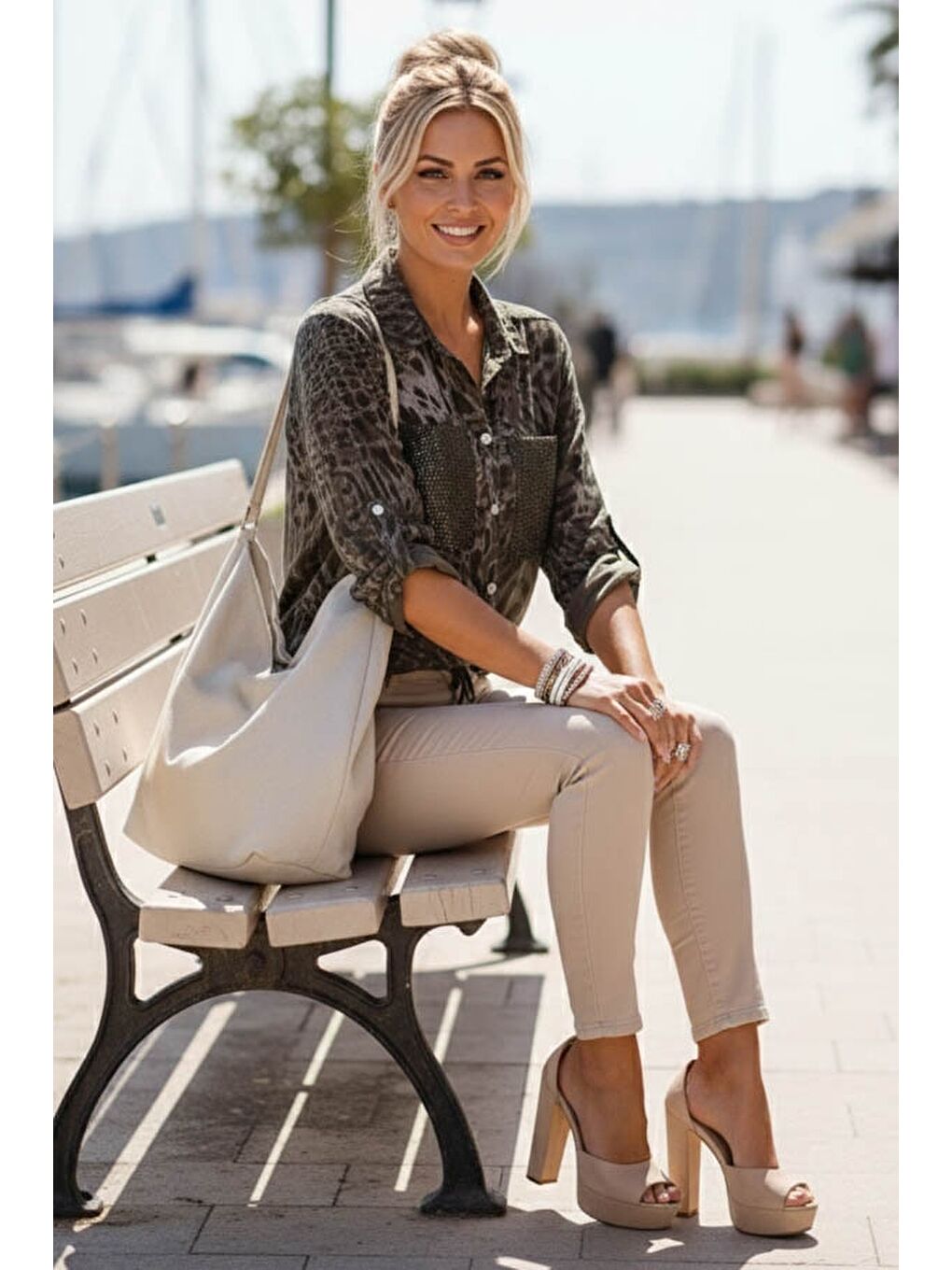 İtalyan Kahverengi Gömlek Yaka Düğmeli 3/4 Kol Desenli Düğmeli Pullu Cepli Dokuma Gömlek 70 60-2