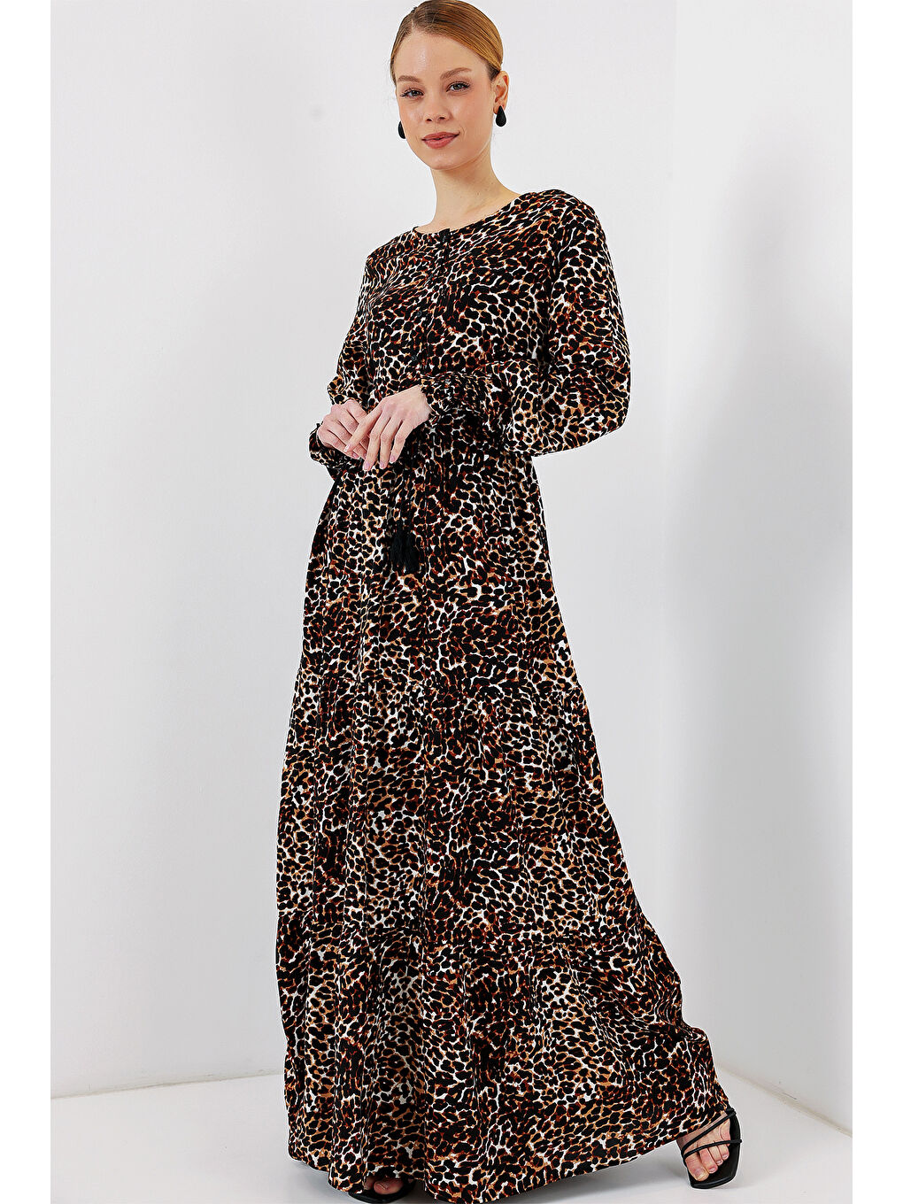 2145 Desenli Tesettür Elbise - C. Kahverengi-1