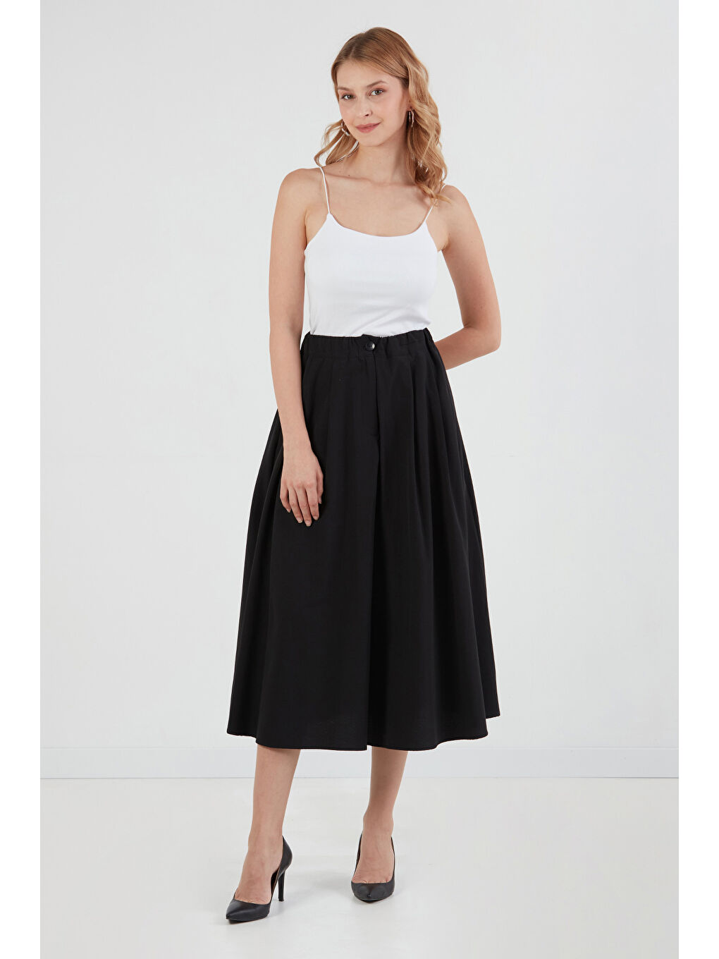 Siyah Beli Lastikli Düğmeli Fermuarlı Terikoton Etek-3