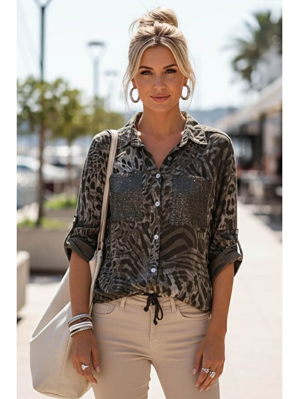 İtalyan Kahverengi Gömlek Yaka Düğmeli 3/4 Kol Desenli Düğmeli Pullu Cepli Dokuma Gömlek 70 60-3