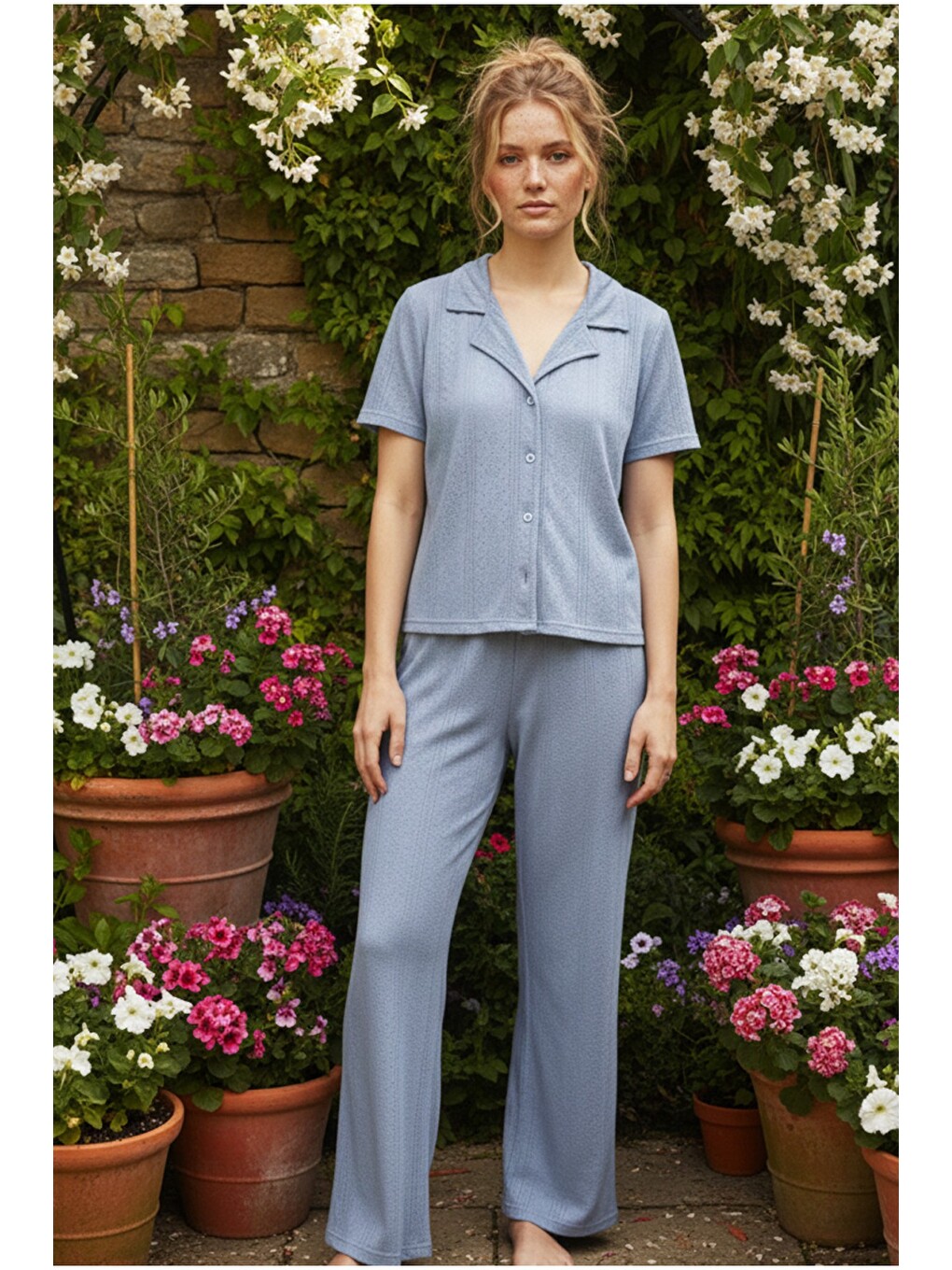 İndigo Pointel Ajurlu/delikli Kısa Kollu Düğmeli Örme Pijama Takım26120536-1