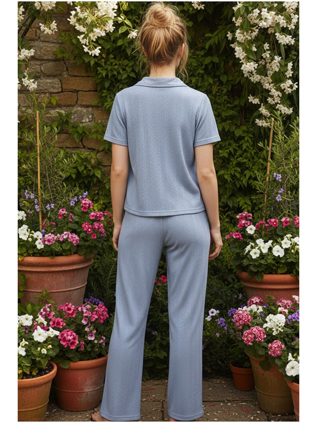İndigo Pointel Ajurlu/delikli Kısa Kollu Düğmeli Örme Pijama Takım26120536-2