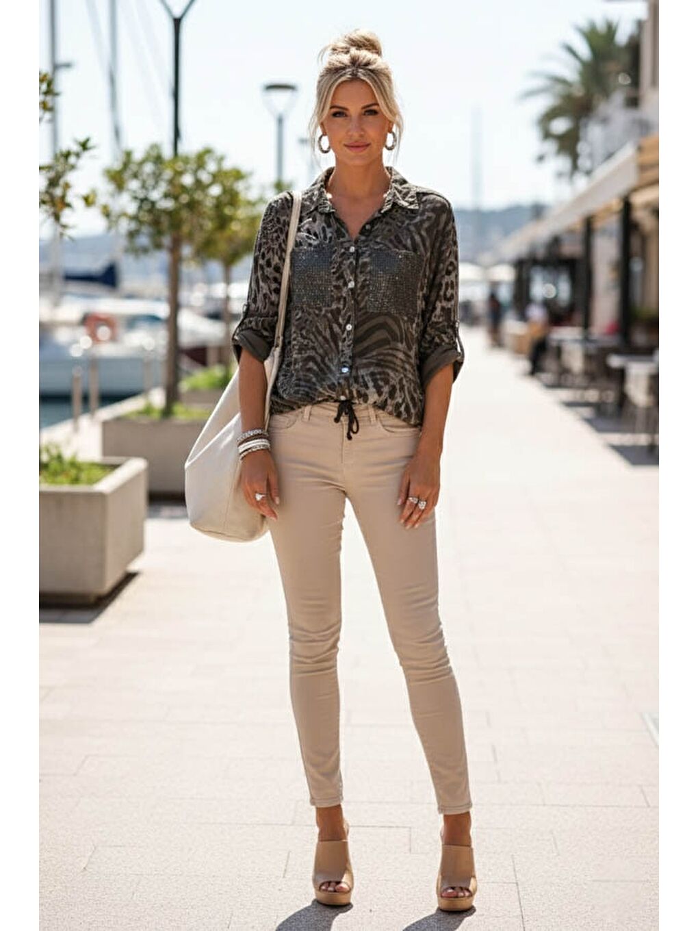 İtalyan Kahverengi Gömlek Yaka Düğmeli 3/4 Kol Desenli Düğmeli Pullu Cepli Dokuma Gömlek 70 60-4