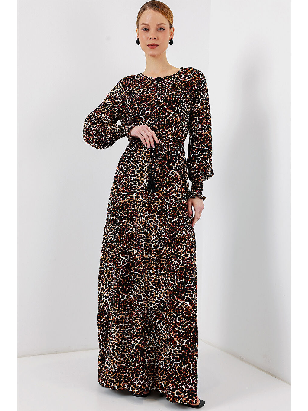 2145 Desenli Tesettür Elbise - C. Kahverengi-4