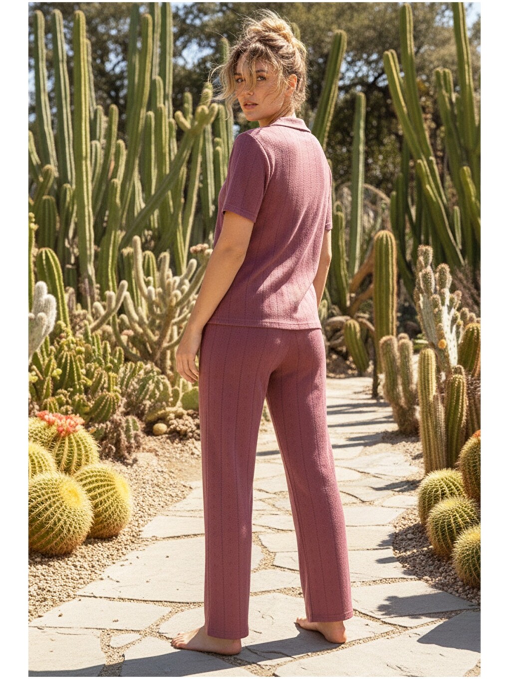 Pembe Pointel Ajurlu/delikli Kısa Kollu Düğmeli Örme Pijama Takım26120536-2