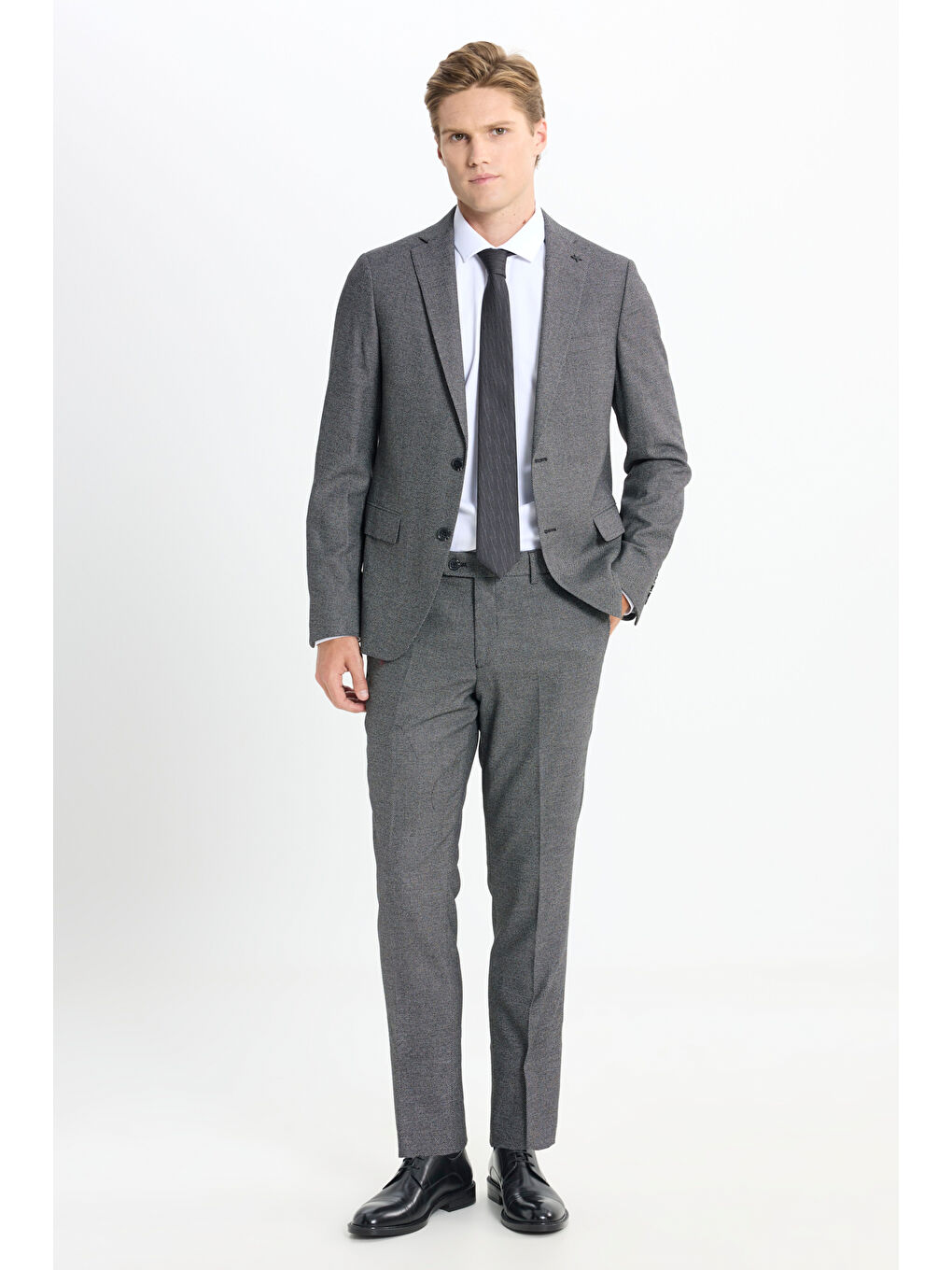 Erkek Siyah-Gri Slim Fit Dar Kesim Mono Yaka Kuş Gözü Desenli Çift Pantolonlu Takım Elbise-2