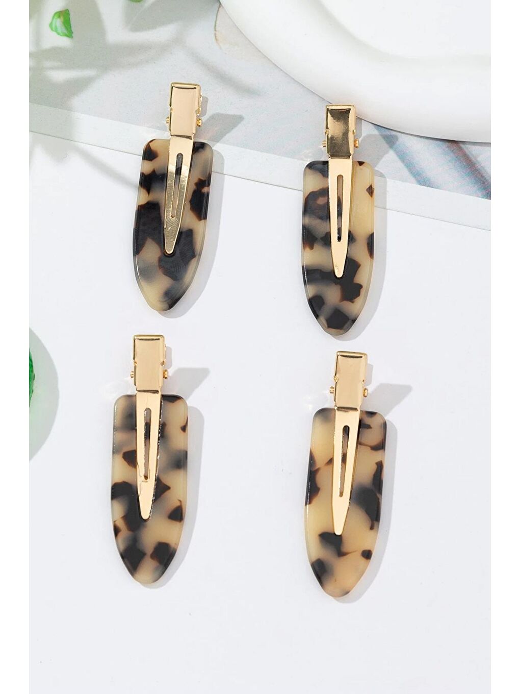 Bej 4'lü İz Yapmayan Klips Toka Seti Kaplumbağa Sırtı Desenli-2