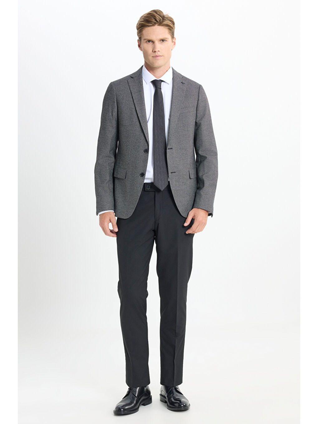 Erkek Siyah-Gri Slim Fit Dar Kesim Mono Yaka Kuş Gözü Desenli Çift Pantolonlu Takım Elbise-3