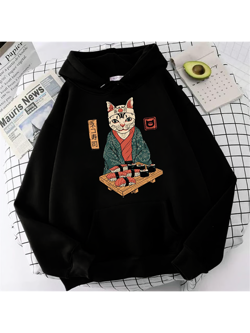 Touz Moda Siyah Anime Sushi Cat Oversize Hoodie