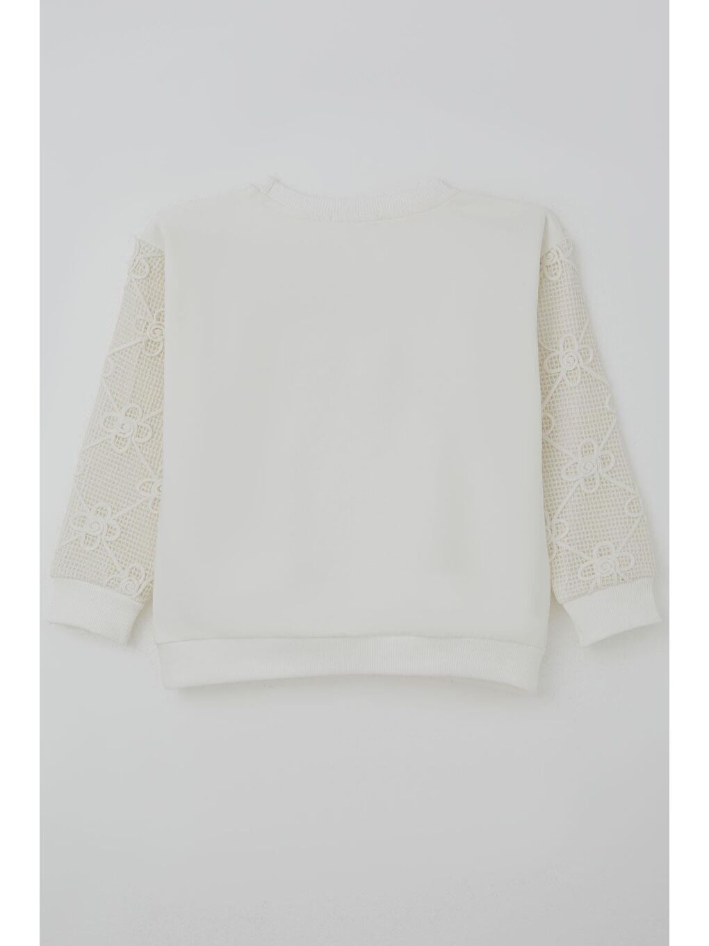 Kız Çocuk Sweatshirt Kolları Çiçek Aplike İşlemeli File Detaylı Ekru (5-10 Yaş)-1