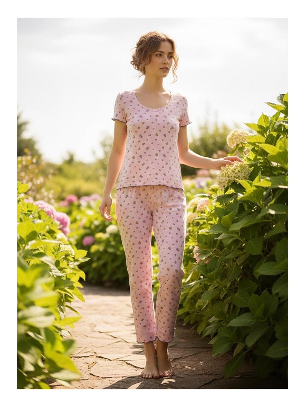 Pembe Dantelli Fitilli Kaşkorse Örme Pijama Takım 26120552-1