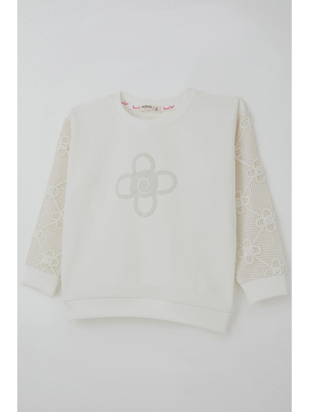 Kız Çocuk Sweatshirt Kolları Çiçek Aplike İşlemeli File Detaylı Ekru (5-10 Yaş)-2