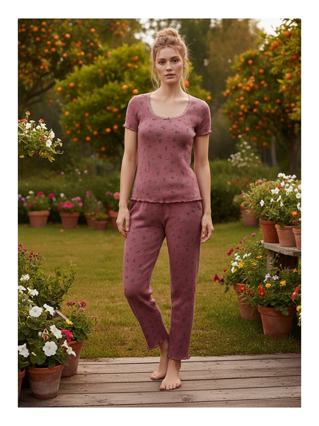Pembe Dantelli Fitilli Kaşkorse Örme Pijama Takım 26120552-1