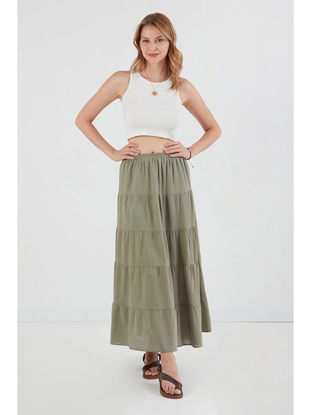 Haki Beli Lastikli Fırfırlı Etek