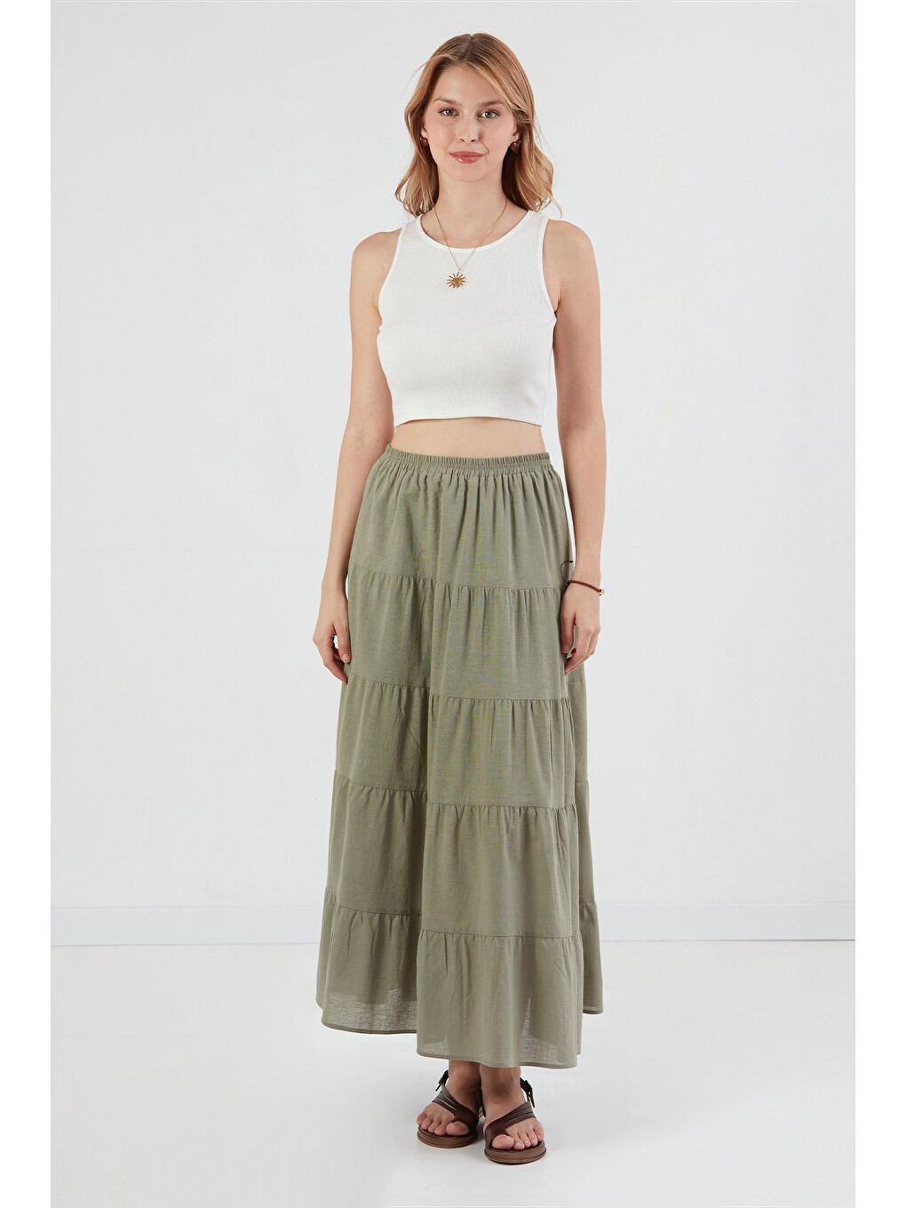Haki Beli Lastikli Fırfırlı Etek-1