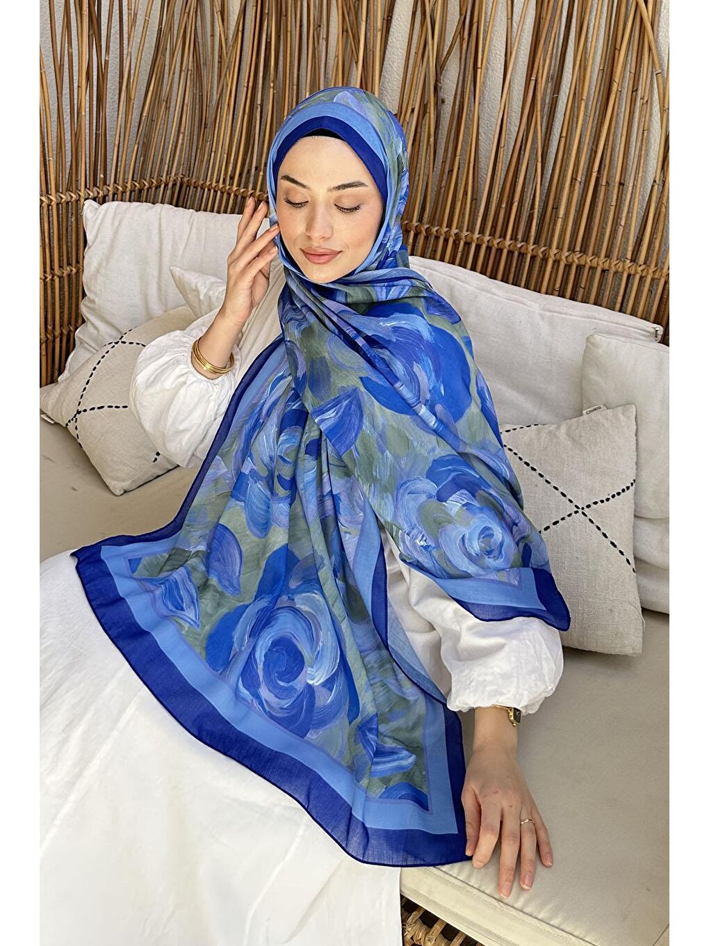 Çiçek Desen Pamuk Şal Saks Mavisi-2