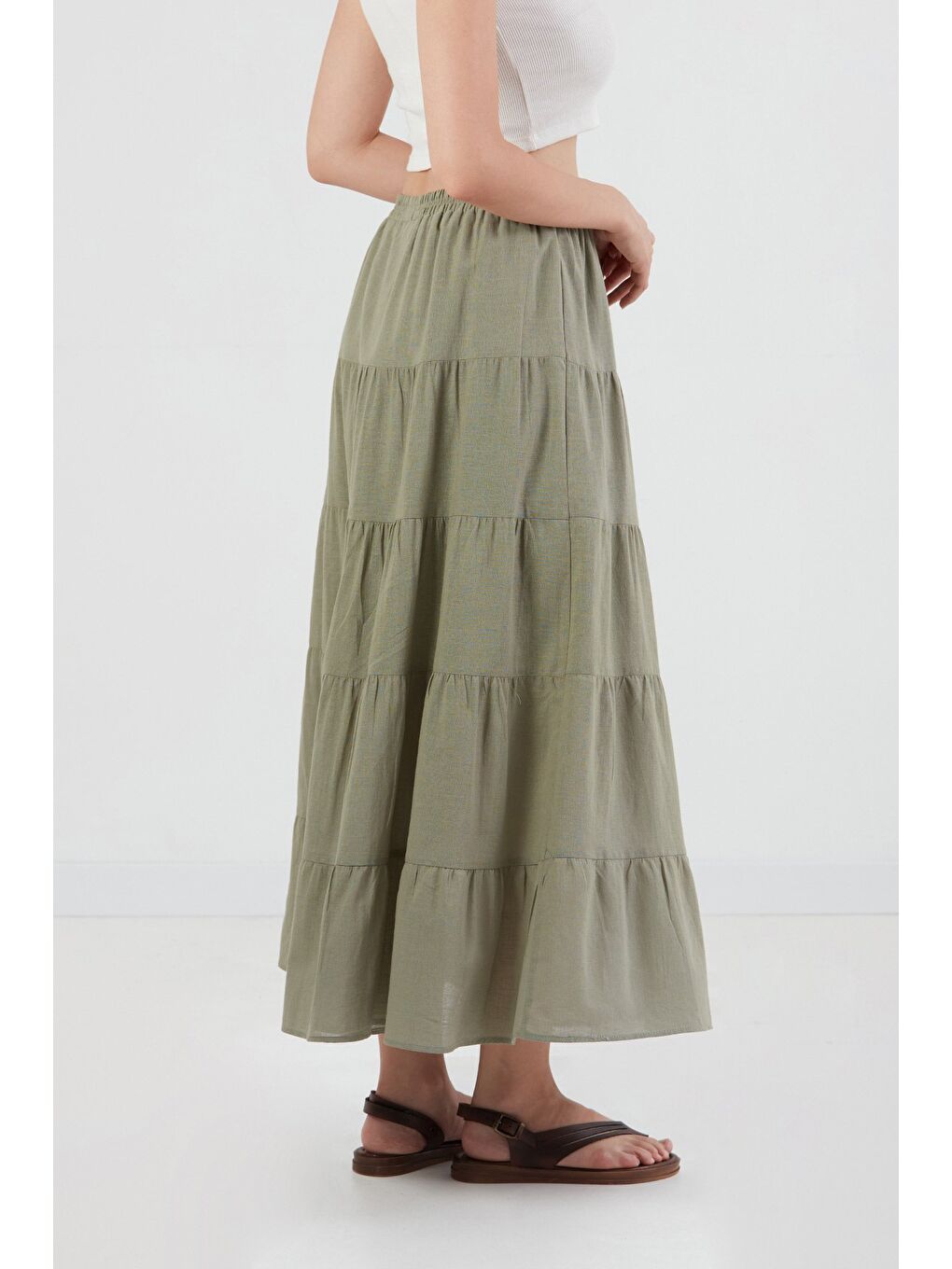 Haki Beli Lastikli Fırfırlı Etek-3