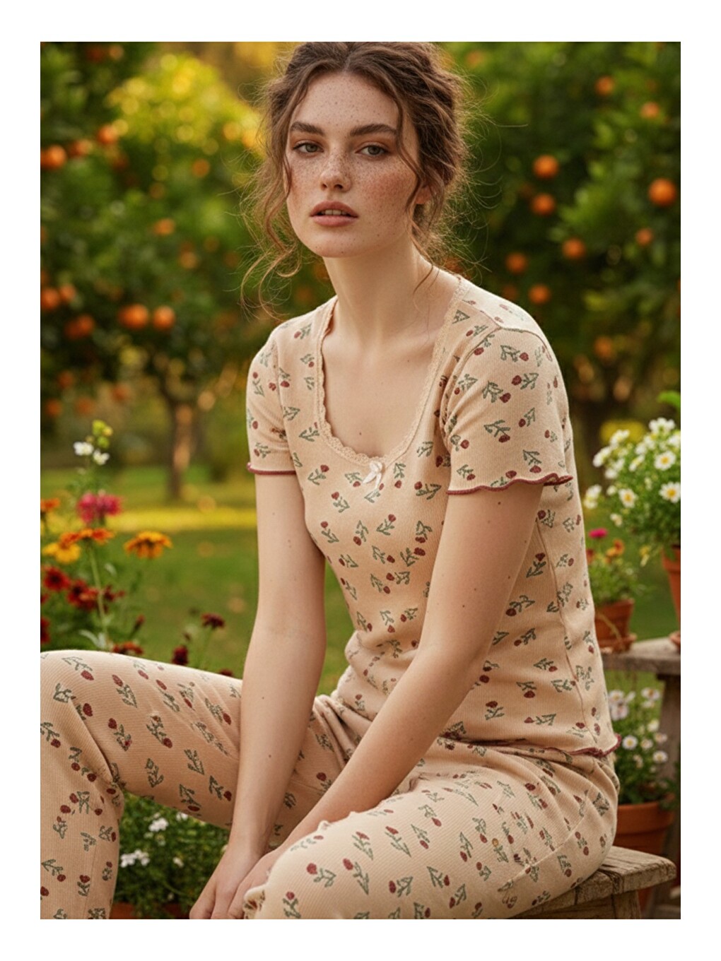Bej Dantelli Fitilli Kaşkorse Örme Pijama Takım 26120552