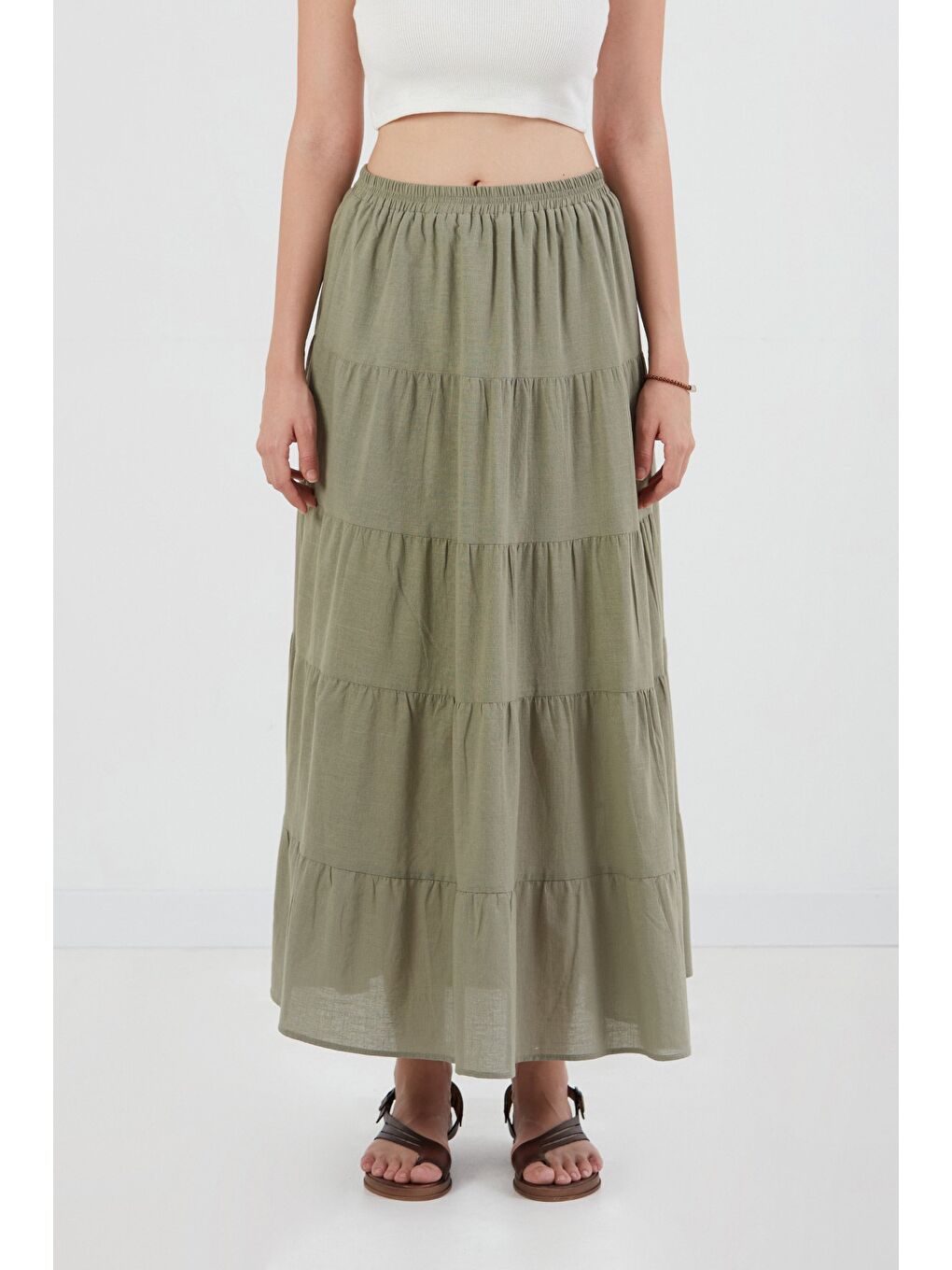 Haki Beli Lastikli Fırfırlı Etek-4