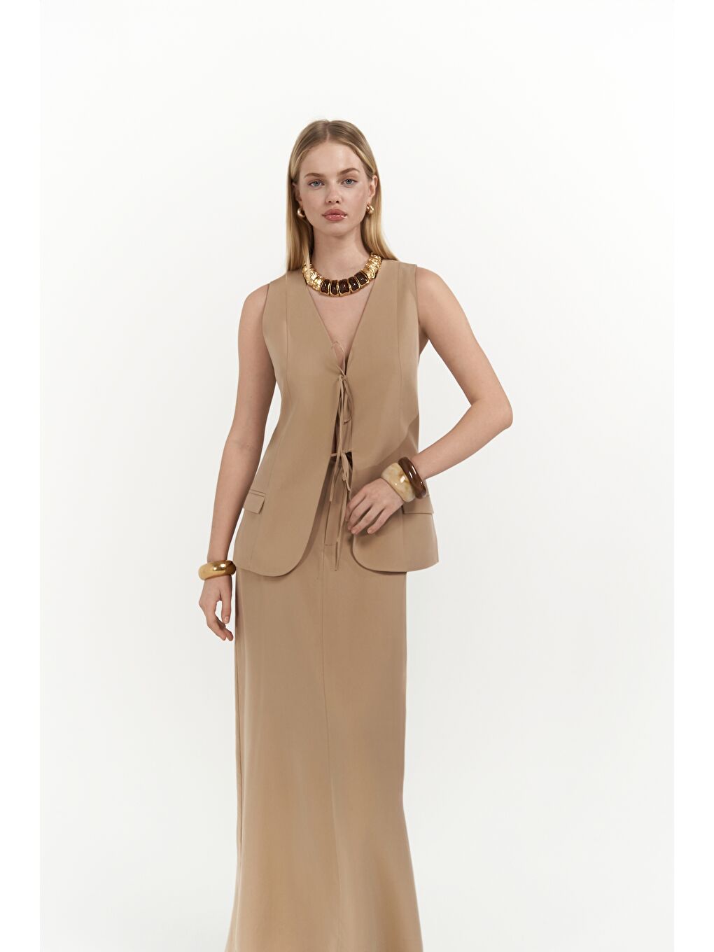 Bej Korben Yelek Etek Vizon Takım