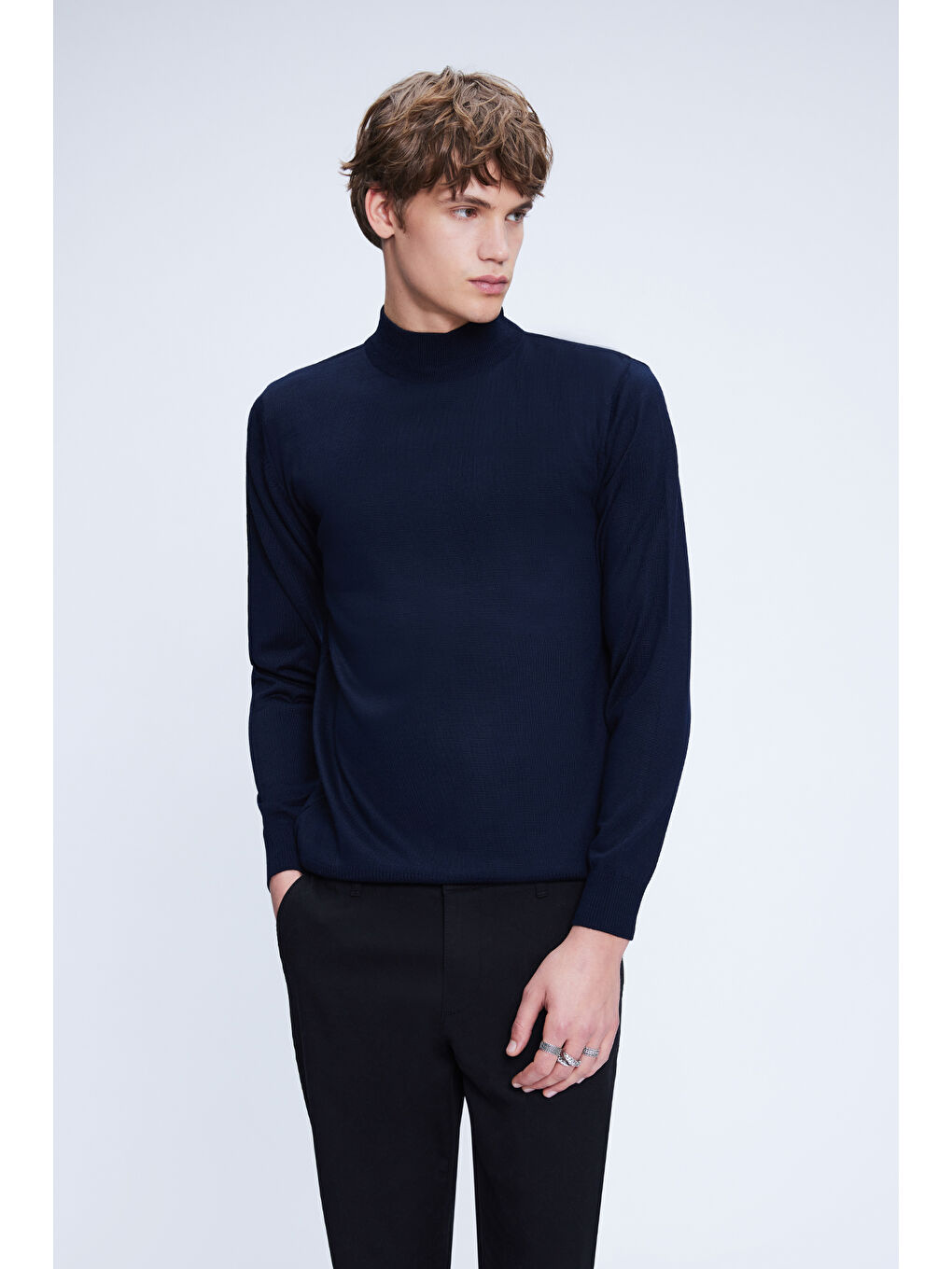 Lacivert Regular Fit Düz Yarım Balıkçı Yaka Yünlü Triko Kazak