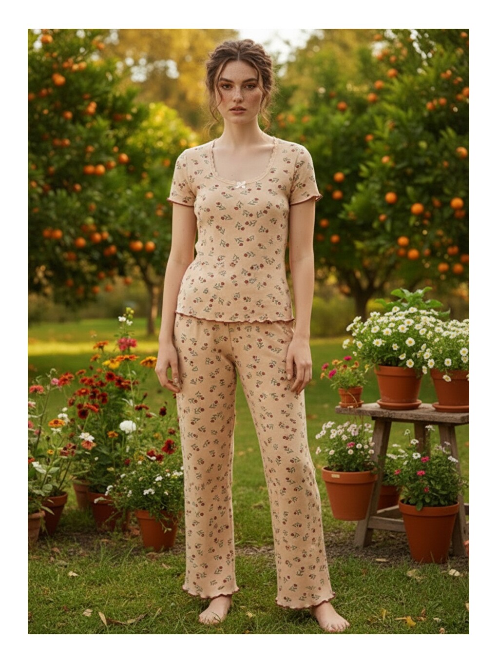 Bej Dantelli Fitilli Kaşkorse Örme Pijama Takım 26120552-1