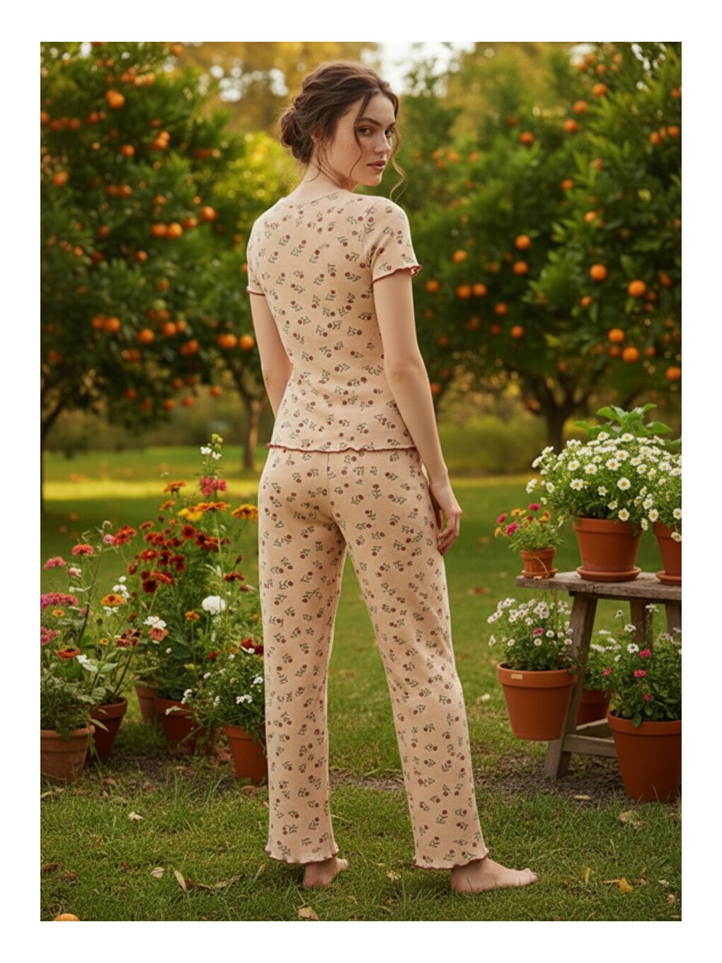 Bej Dantelli Fitilli Kaşkorse Örme Pijama Takım 26120552-2