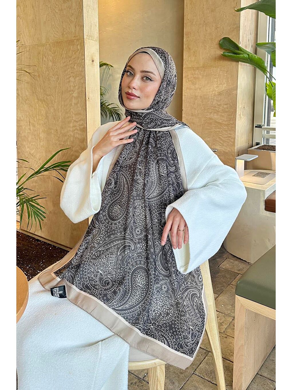 Retro Desen Pamuk Şal Bitter Kahve Bej