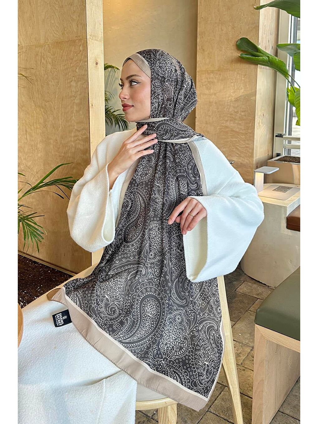 Retro Desen Pamuk Şal Bitter Kahve Bej-2