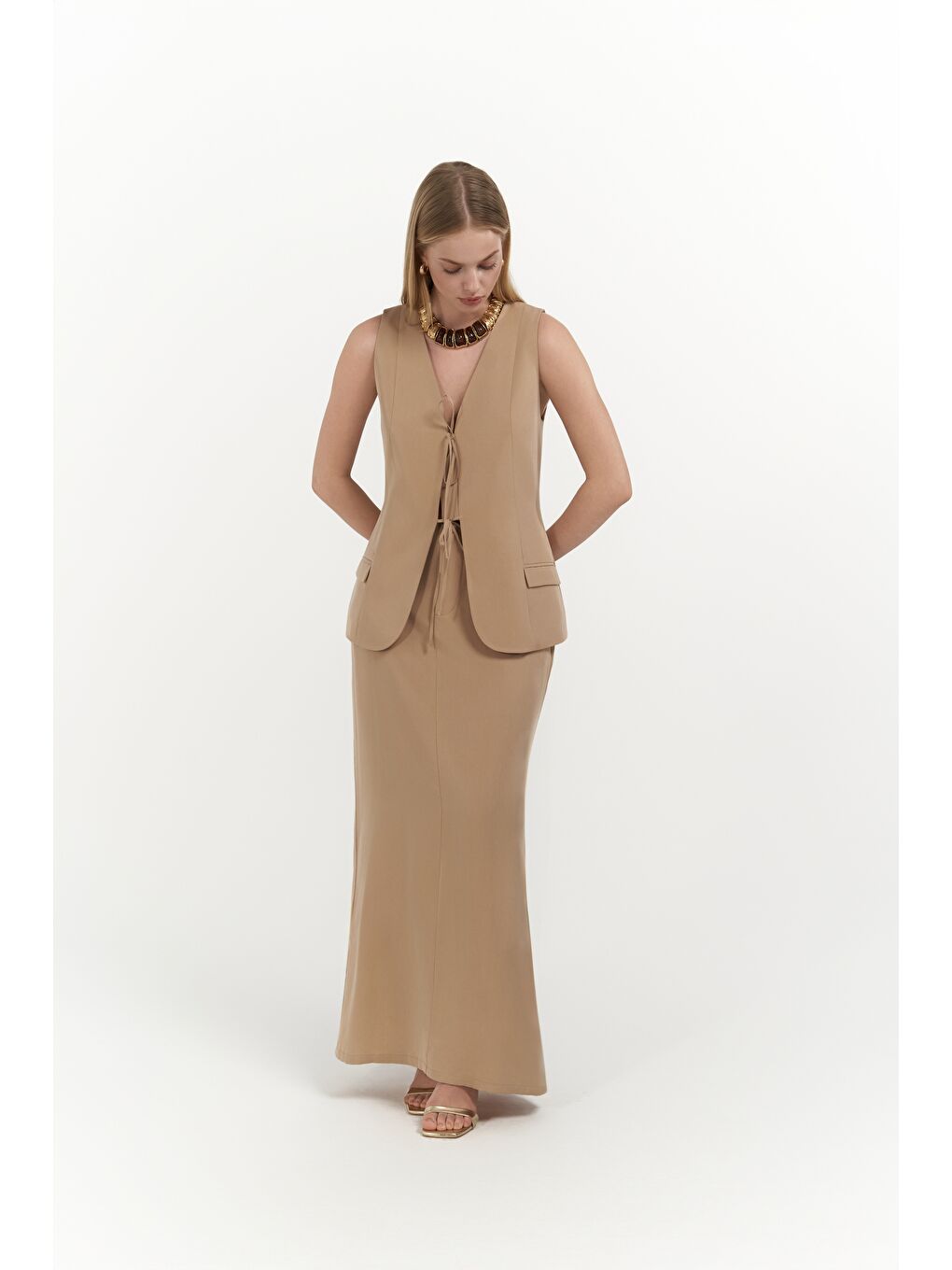 Bej Korben Yelek Etek Vizon Takım-2