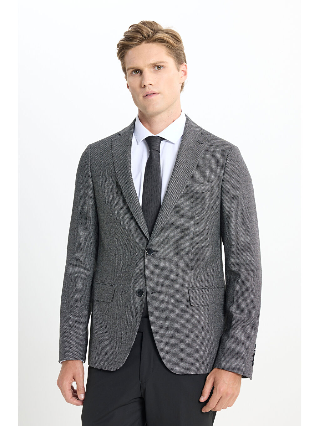 Erkek Siyah-Gri Slim Fit Dar Kesim Mono Yaka Kuş Gözü Desenli Çift Pantolonlu Takım Elbise-5