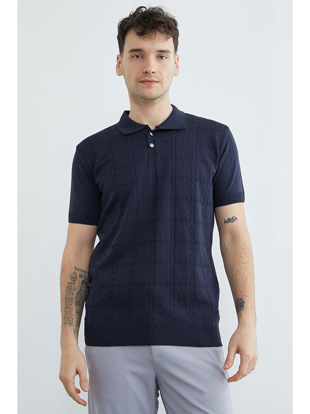 Lacivert Örgü Desenli Polo Yaka Triko Tişört-1