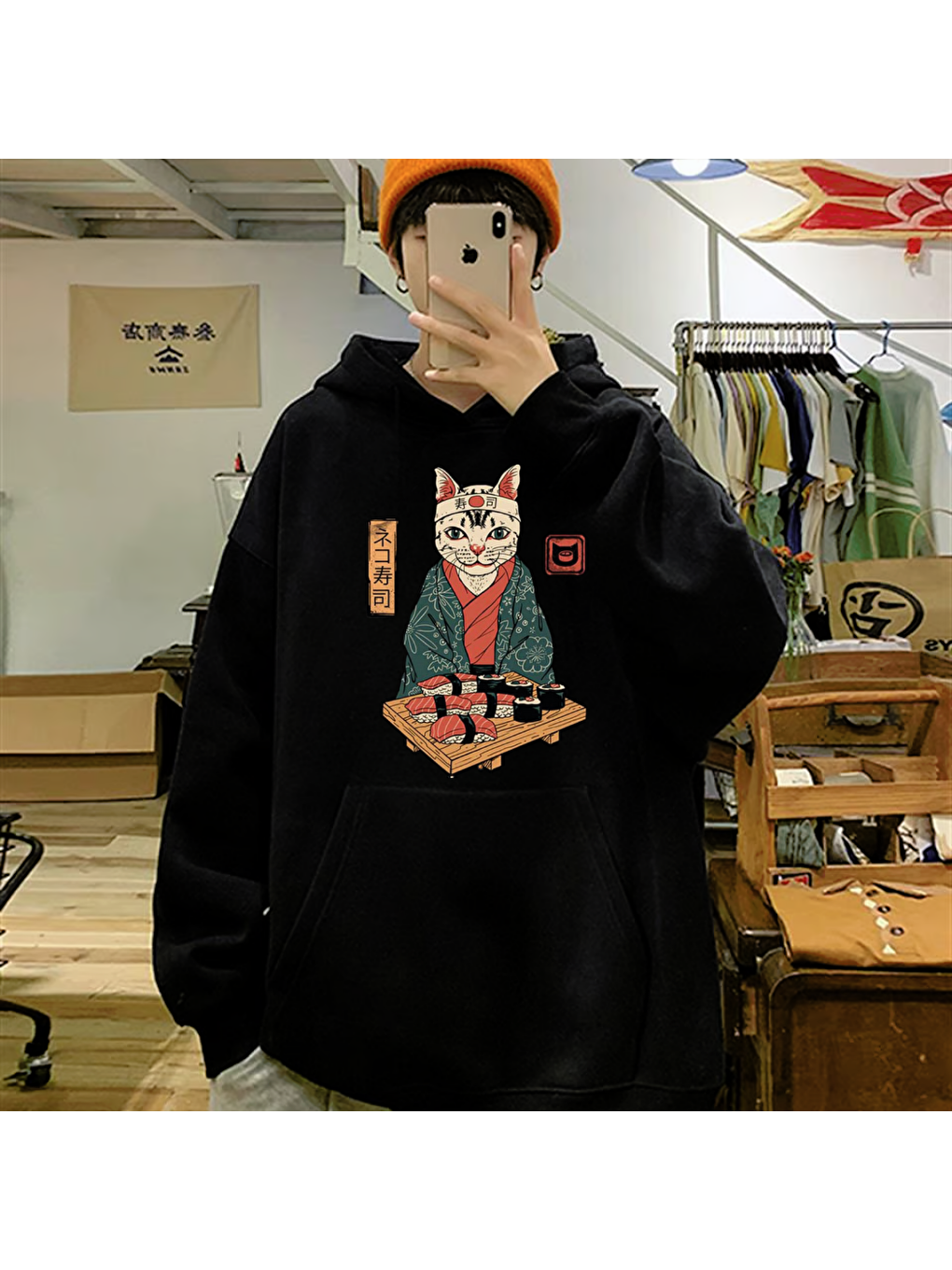 Touz Moda Siyah Anime Sushi Cat Oversize Hoodie - 1