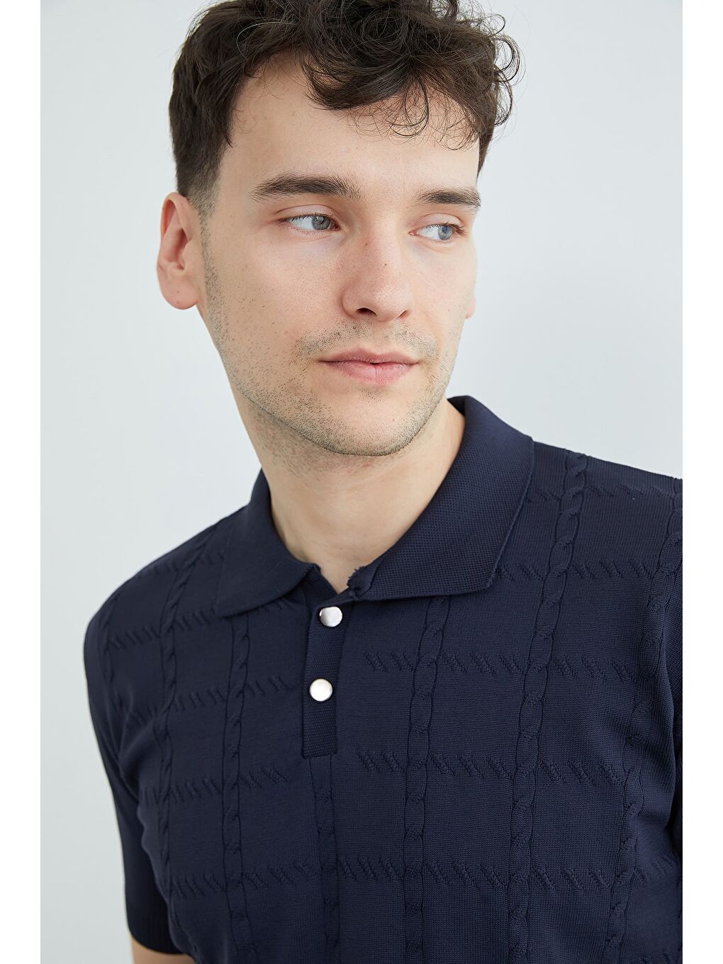 Lacivert Örgü Desenli Polo Yaka Triko Tişört-2