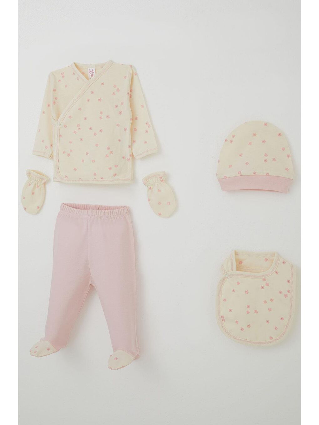 Ekru Kız Bebek Hastane Çıkışı 5 Li Çiçek Desenli Krem (0-3 Ay)-1