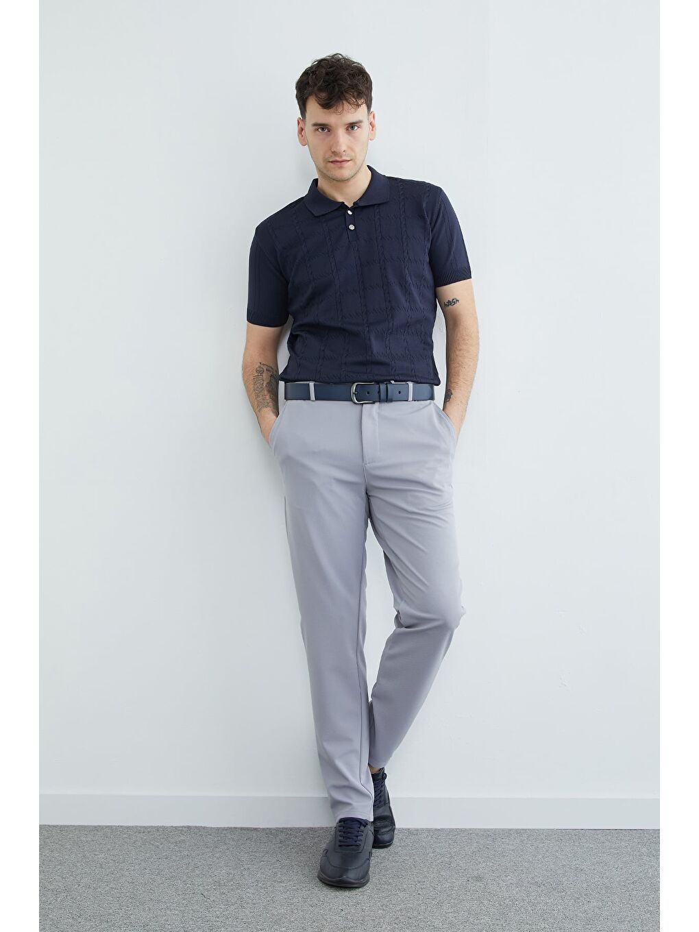 Lacivert Örgü Desenli Polo Yaka Triko Tişört-3