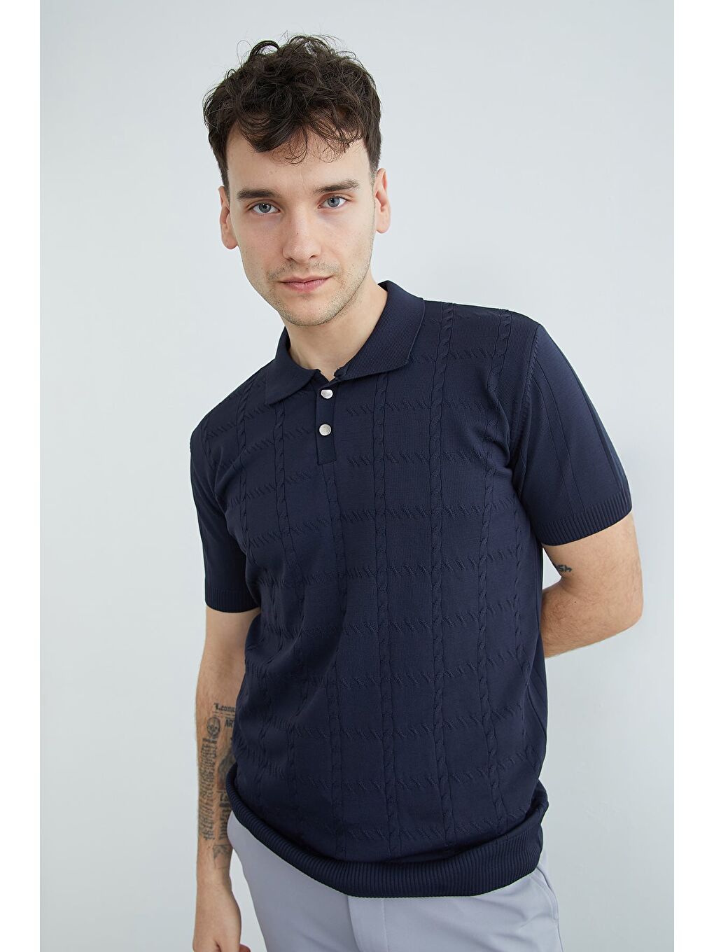 Lacivert Örgü Desenli Polo Yaka Triko Tişört-4